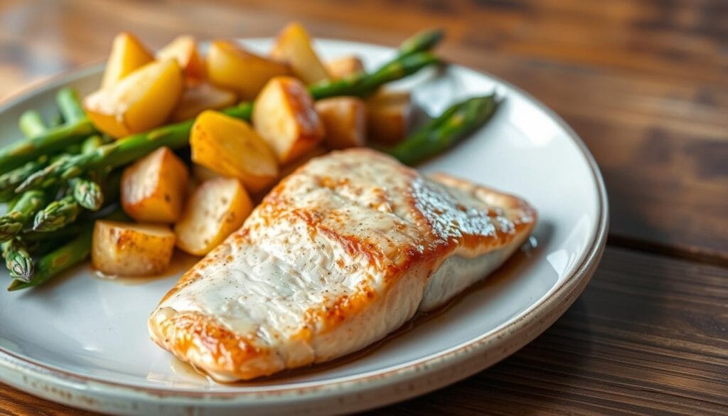 baked salmon with potatoes and vegetables