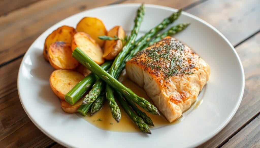 baked salmon with roasted potatoes and asparagus