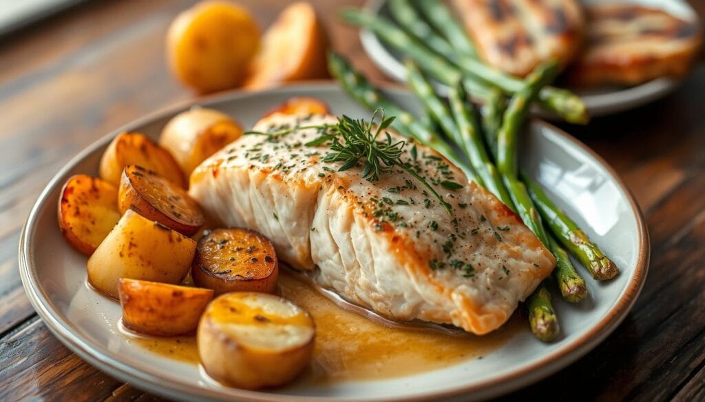 baked salmon with roasted potatoes and asparagus