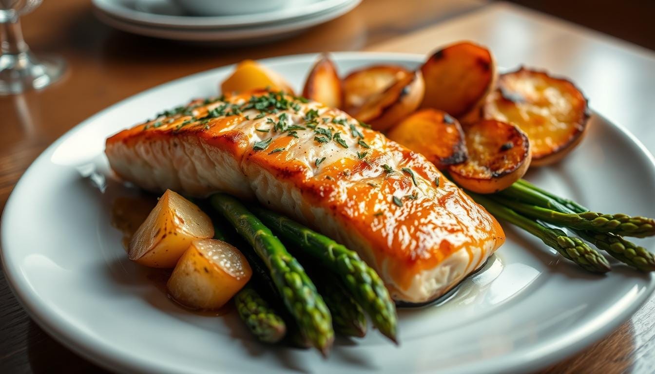 bakes salmon with roasted potatoes and aspargus