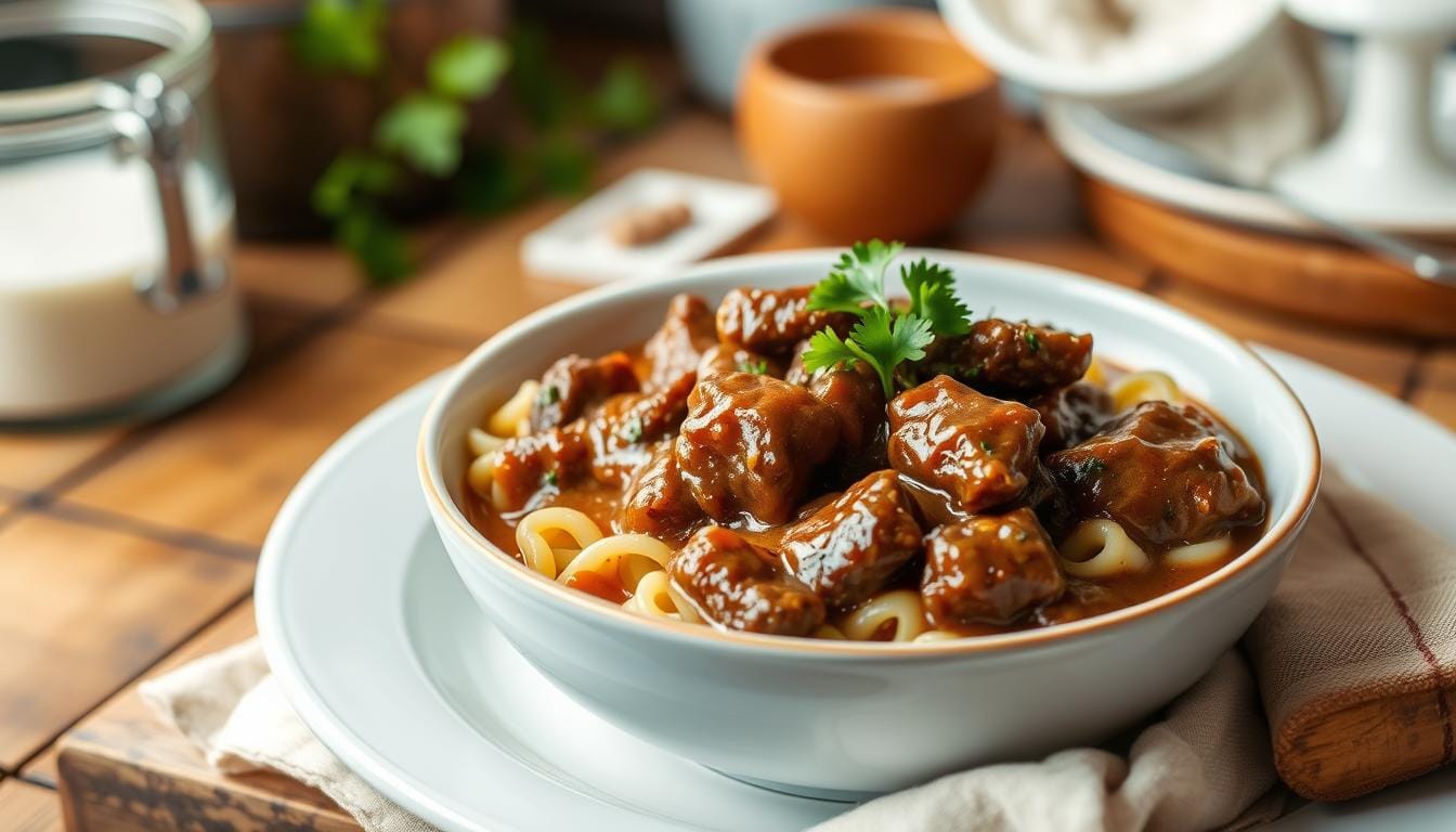 crockpot beef tips and noodles