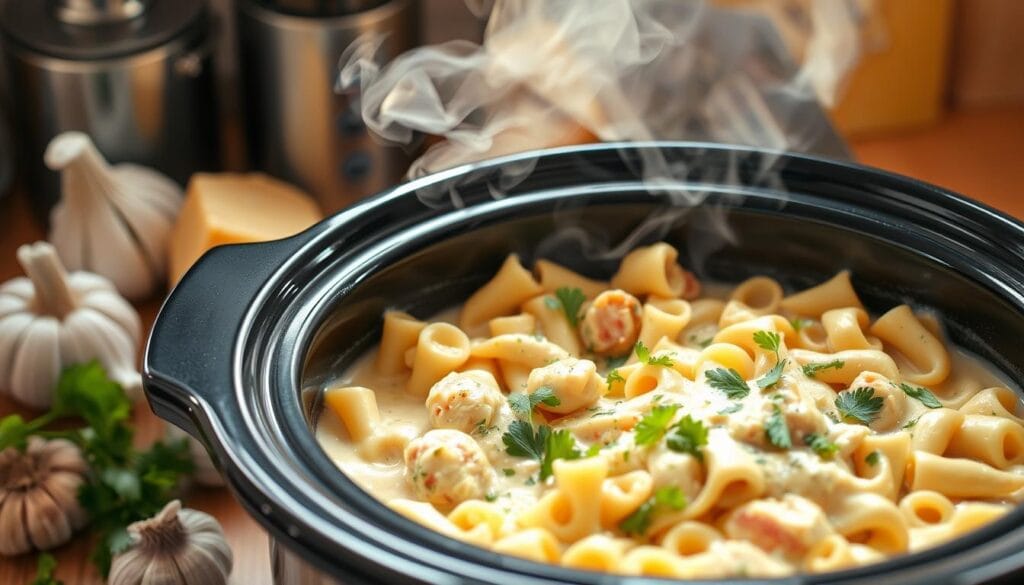 crockpot garlic parmesan chicken pasta