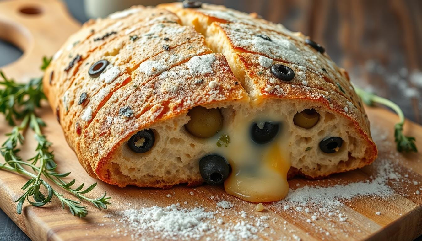 homemade bread with olives and cheese