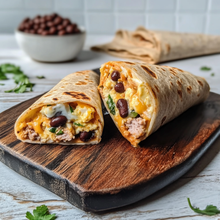 high protein breakfast burrito with eggs, beans, and turkey sausage