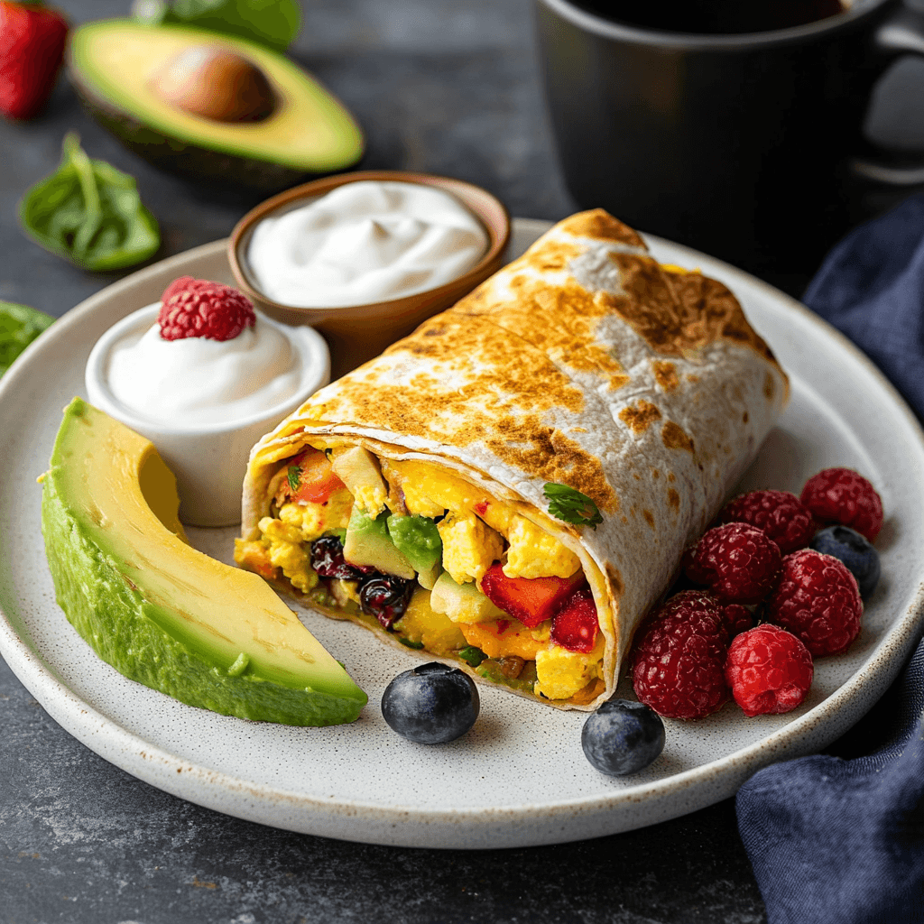 served high protein breakfast burrito with sides