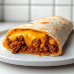 chili cheese burrito sliced with melted cheese and beef