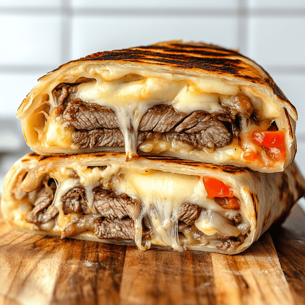 sliced steak grilled cheese burrito with melted cheese and steak