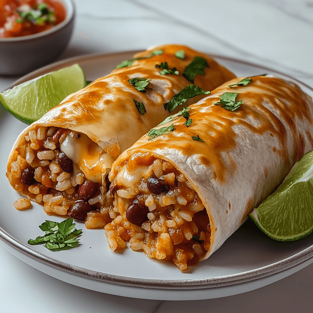 cheesy bean and rice burrito with salsa and lime
