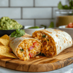 cheesy bean and rice burrito with guacamole and chips