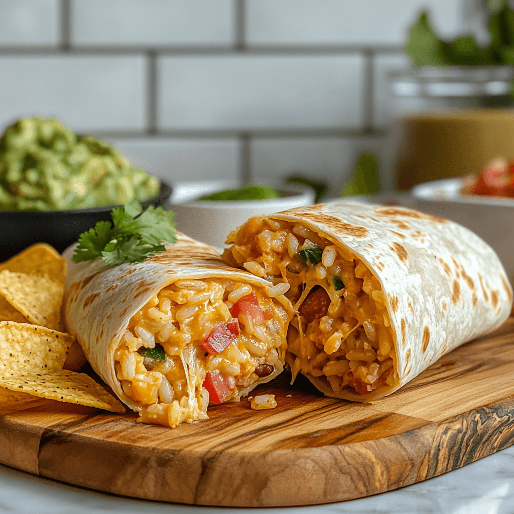 cheesy bean and rice burrito with guacamole and chips