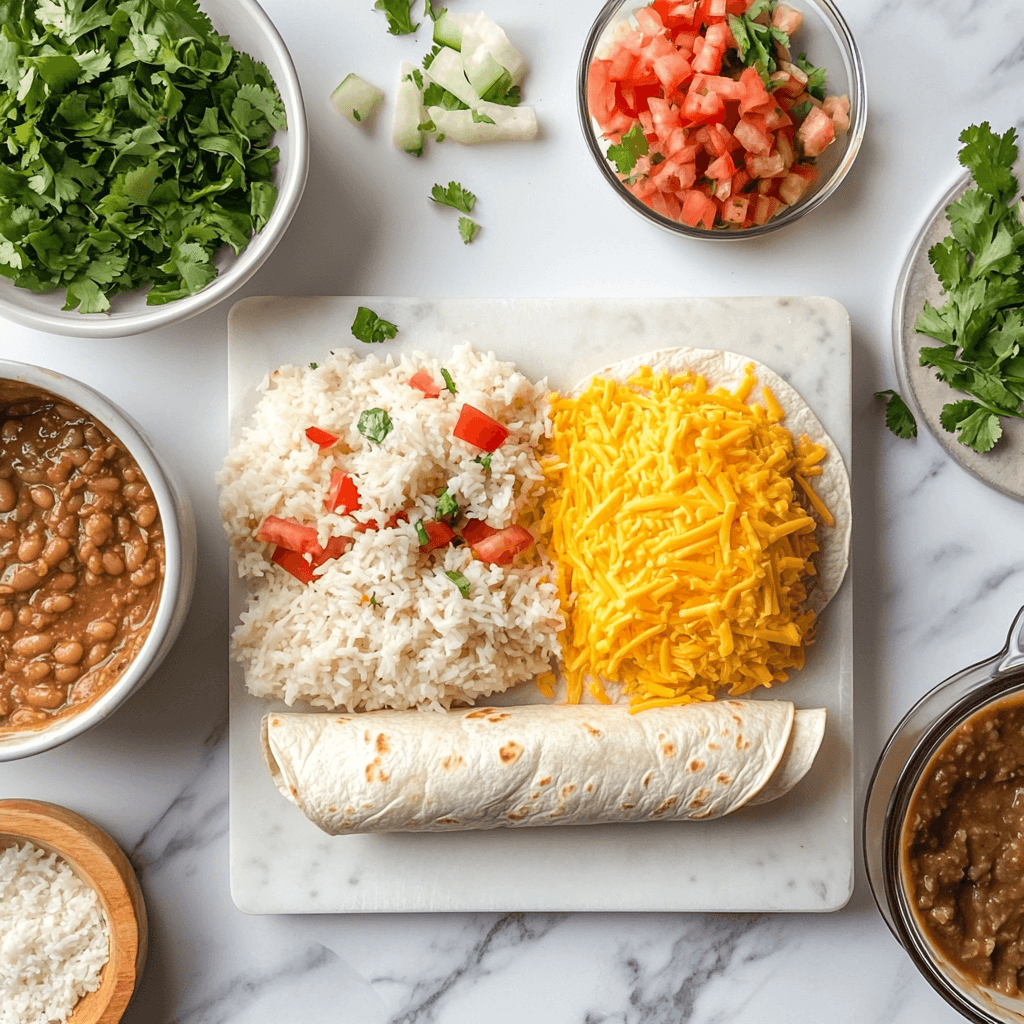 step-by-step process of cheesy bean and rice burrito