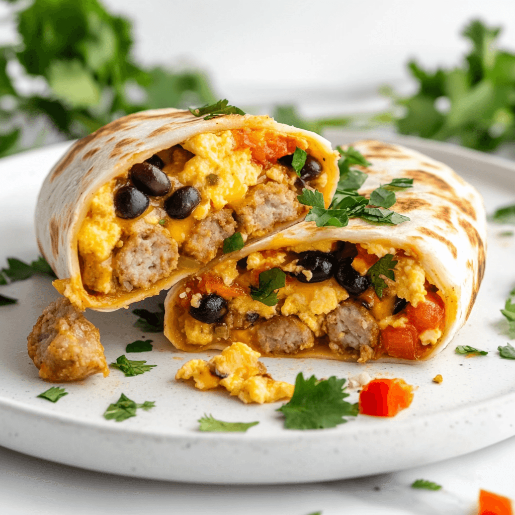 A satisfying high protein breakfast burrito, ready to fuel your morning