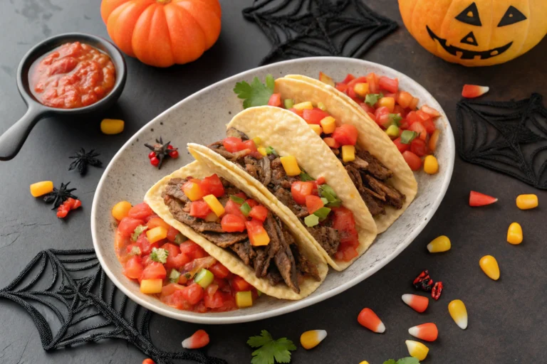 Halloween Shredded Beef Tacos with Salsa