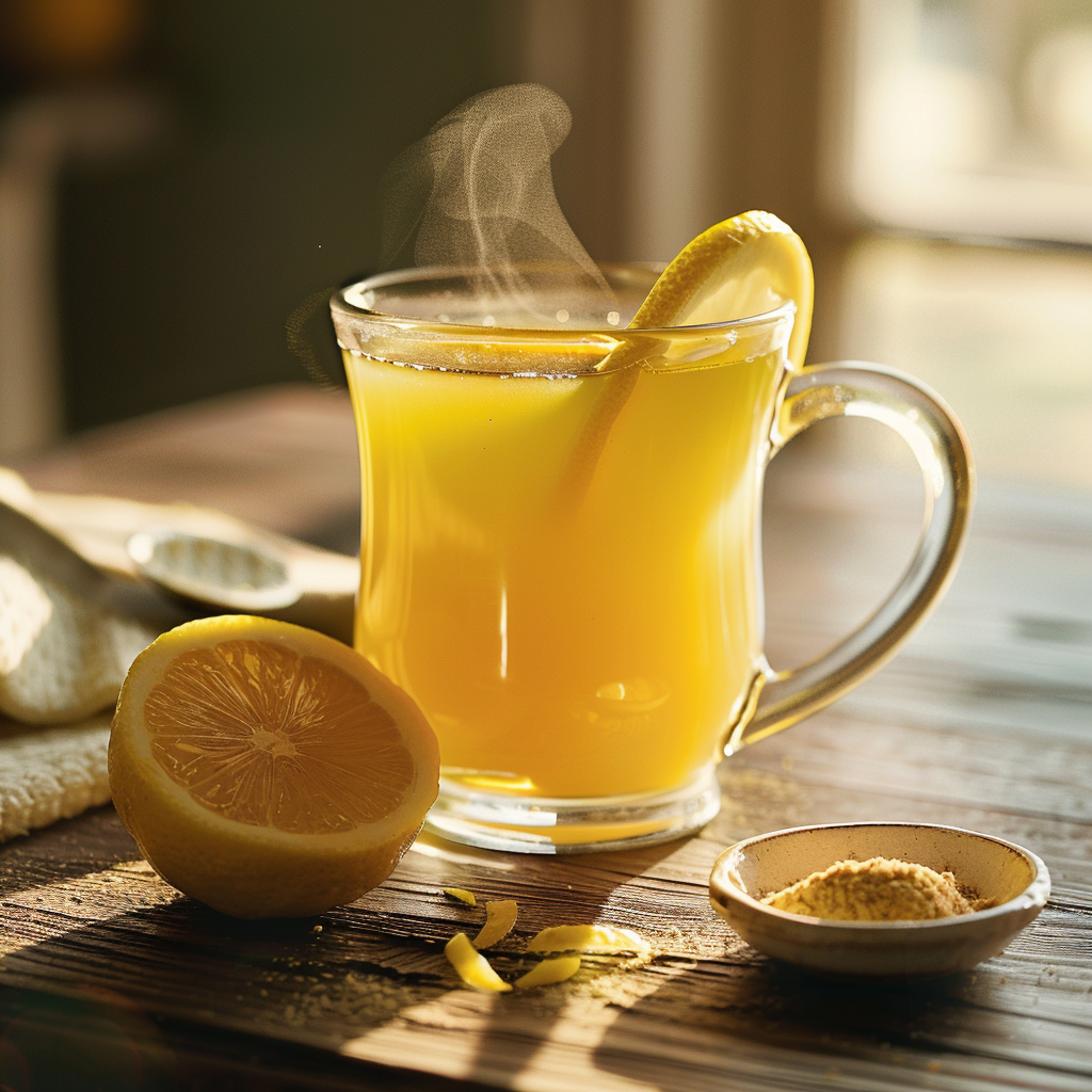 Gelatin trick for weight loss warm lemon gelatin drink on wooden table, healthy morning aesthetic